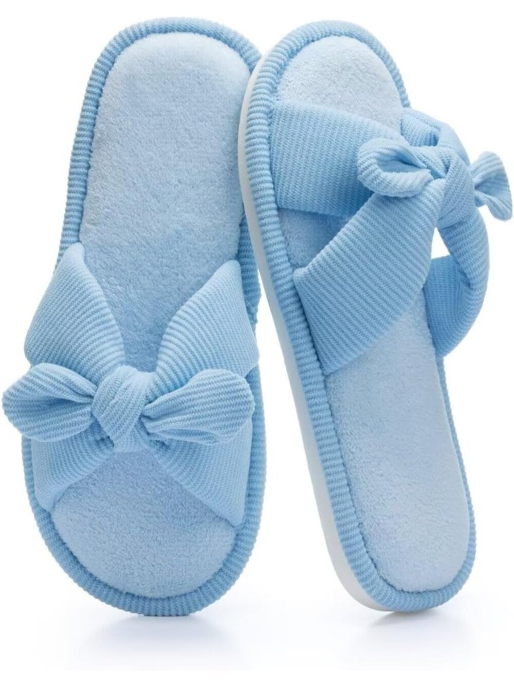 Women's Blue Memory Foam Indoor Corduroy Crossband Open Toe Bow Slipper Shoes